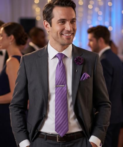 joy alice 30 Colors Solid Ties for Man Pure Color Men's Tie Set with Lapel Pin Pocket Square Tie Clip - color: Lavender