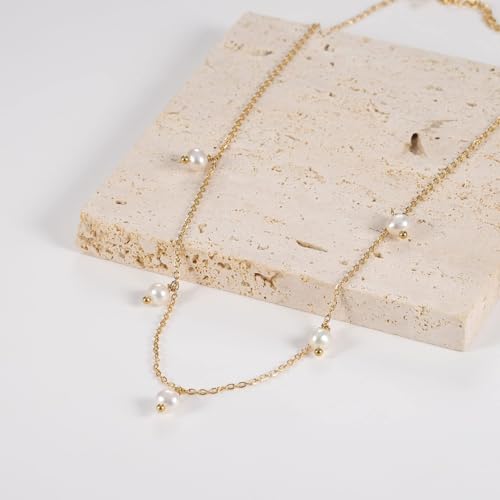 Pearl Necklace for Women, Dainty Pearls Choker Necklace for Women 14K Gold Plated Layered Pendant Necklace Handmade Gold Chain Necklace Everyday Jewelry Gift - color: Pearl Choker-Gold
