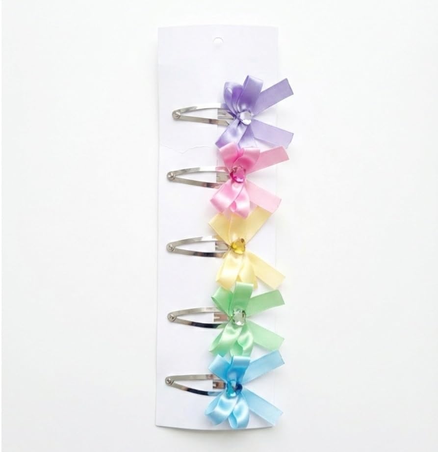 Heart Gem Ribbon Hair Snap Clips with Satin Bow, Multicolor Set of 5, Pink Yellow Green Blue Purple, 2 Inch