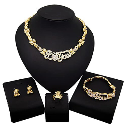 African Necklace Set Hugs and Kisses Gold Jewelry Sets For Women 18k Gold/Silver Filled LOVE Necklaces Jewelry Sets Wedding Jewelry Necklace Earrings Bracelet Ring Gifts - color: Gold