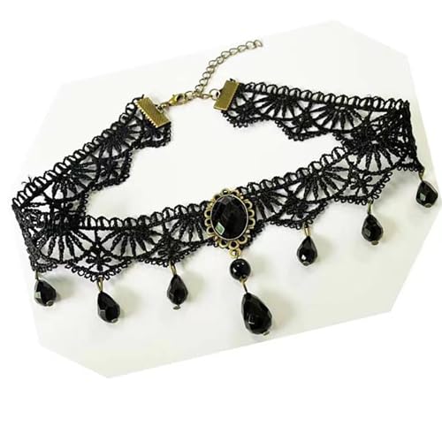 Black Gothic Vampire Necklace for Women Vintage Lace Rose Flower Witch Choker Collar Necklace Halloween Dark Bridal Cavewoman Costume Jewelry - style: black A
