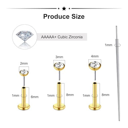 Zolure 18G/20G Flat Back Earrings Stud Threadless Nose Studs Surgical Steel Push in Earrings Tragus Cartilage Labret Helix Lip Conch Medusa Piercing Jewelry - color: 18G Gold #1