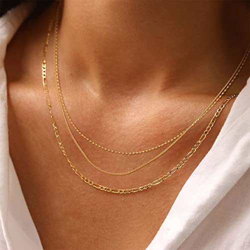 Freekiss Layered Necklace Set for Women Stackable | Herringbone Snake Cuban Rope Chain, Dainty Choker, Layered Stackable, Non Tarnish, Hypoallergenic, Adjustable 14-18.5" - color: Gold, style: Beads+Cuban+Figaro