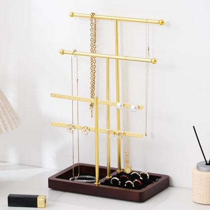 modern T-shaped jewelry rack, jewelry tower, gold metal, square ceramic base decoration display tower, necklace, bracelet, ring storage rack (3-layer wooden pallet black) - style: 3-layer wooden pallet black
