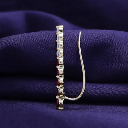 Floating Curved Bar One Piece Left Ear Crawler Earrings With Birthstone | White CZ In 14K Yellow Gold Over Sterling Silver - color: Simulated Garnet