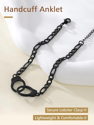 FindChic Stainless Steel Ankle Bracelets for Women, Waterproof Figaro/Cuban/Box/Beaded Chain Anklets, Summer Beach Foot Jewelry, 8.5''-10.5'' Adjustable Length, with Gift Box - style: HankCuff-Black