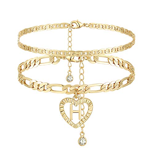 YANODA Initial Ankle Bracelets for Women 14K Gold Plated Layered Figaro Chain Letter Initial Anklets Handmade Layered Heart Ankle Bracelets Personalized Jewelry for Women - color: H