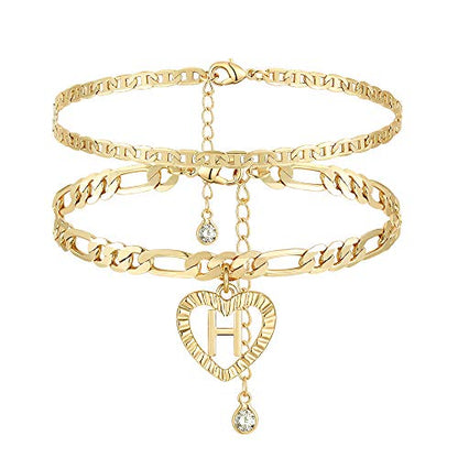 YANODA Initial Ankle Bracelets for Women 14K Gold Plated Layered Figaro Chain Letter Initial Anklets Handmade Layered Heart Ankle Bracelets Personalized Jewelry for Women - color: H