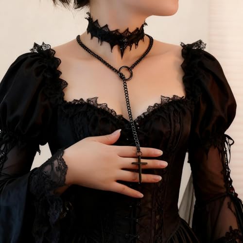 Slip Chain Choker for Women Handmade Black Stainless Steel Cuban Chain Chunky Moon Bat Raven Skull Pendant Gothic Punk Rock Collar Adjustable Lariat Y Necklace for Men - style: gothic Goth