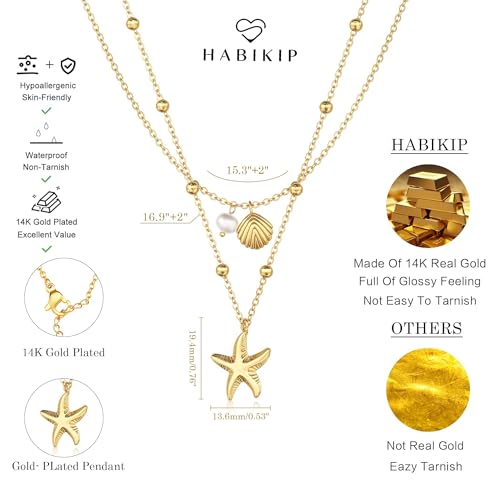 Shell Starfish Charm for Women, Dainty Layered 14K Gold Plated Seashell Conch Starfish Pearl Pendant Necklace for Women Stack Trendy Beach Cuban Link CZ Chain Necklace Summer Vacation Jewelry - color: 2PCS / Starfish & Shell Pearl