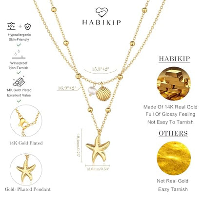 Shell Starfish Charm for Women, Dainty Layered 14K Gold Plated Seashell Conch Starfish Pearl Pendant Necklace for Women Stack Trendy Beach Cuban Link CZ Chain Necklace Summer Vacation Jewelry - color: 2PCS / Starfish & Shell Pearl