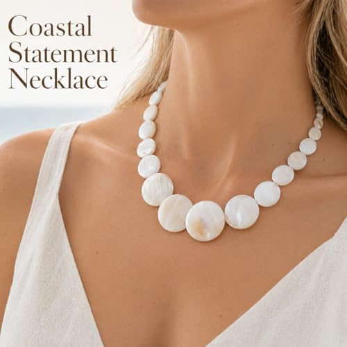 Shell Necklace for Women, White Disc Mother of Pearl Look Statement Choker | White disc beach jewelry with a mother of pearl look and adjustable fit for summer vacation, coastal and resort outfits.