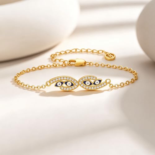 Cicy Bell Evil Eye Bracelets 18k Gold Plated Adjustable | Turquoise，Zirconia Link, Trendy Jewelry Gift for Women, 15.9" with 1.9'' Extender - color: F-Gold