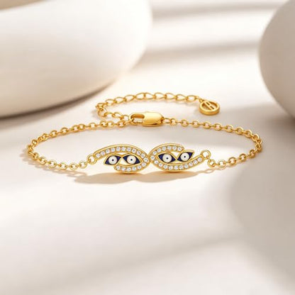 Cicy Bell Evil Eye Bracelets 18k Gold Plated Adjustable | Turquoise，Zirconia Link, Trendy Jewelry Gift for Women, 15.9" with 1.9'' Extender - color: F-Gold