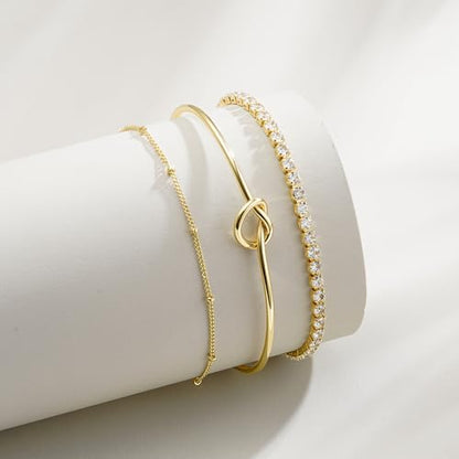 Turandoss Gold Bracelets for Women - Dainty 14K Gold Plated Tennis Bracelet | Stackable Cross Beaded Set, Twisted Rope Chain, Snake Paperclip Chain, Knot Cuff Bracelets for Women, Jewelry Gifts - color: Knot Tennis Set