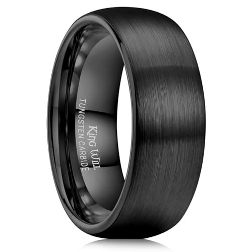 King Will Wedding Band for Men Women, 2/4/6/7/8mm Domed Matte Brushed Tungsten Carbide Rings, Solid/Dual Color Engagement Rings, Comfort Fit - color: Black-8mm