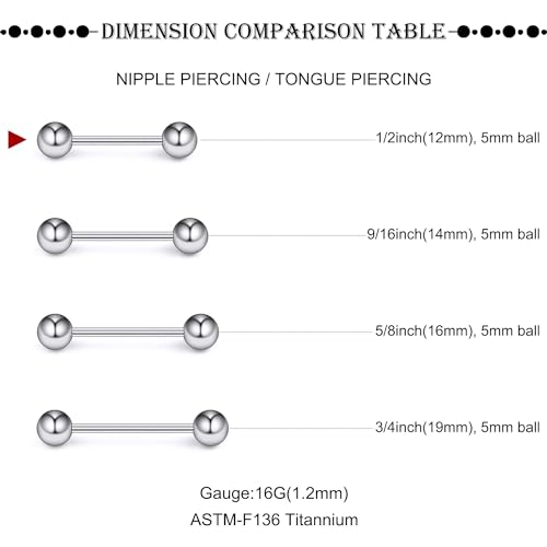 16G-2G ASTM F136 Titanium Internally Threaded Nipple Tongue Rings Piercing Jewelry Straight Industrial Earring Barbell G23 Titanium Nipple Tongue Bars Piercing Jewelry for Women Men 12MM-40MM - style: 16G, 12mm Length, 5mm Ball