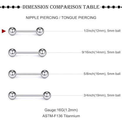16G-2G ASTM F136 Titanium Internally Threaded Nipple Tongue Rings Piercing Jewelry Straight Industrial Earring Barbell G23 Titanium Nipple Tongue Bars Piercing Jewelry for Women Men 12MM-40MM - style: 16G, 12mm Length, 5mm Ball