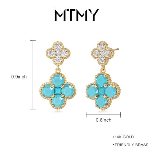 MTMY Dangle Earrings for Women 14K Gold Plated Four Leaf Clover Dangling Drop Birthstone Stud Earrings Trendy Flower Birthstone Jewelry Birthday Gifts - style: Dec.-Turquoise