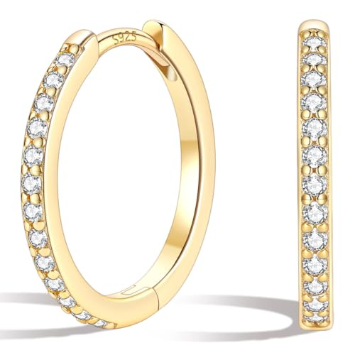Silvora 925 Sterling Silver Huggie Hoop Earrings for Women, Small Hoop Earrings for Women, Cubic Zirconia Cartilage Earrings for Sensitive Ears, 6/8/10/12/14/16/18/20mm - color: A.14K Gold Plated, size: 14MM