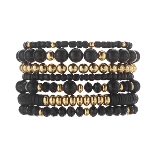 FORUBUS 7Pcs Bohemian Multilayer Stackable Beaded Bracelets Set for Women, Crystal Glass Gold CCB Beads Stretch Bracelet Pack, Summer Beach Boho Jewelry Vacation Gifts - color: Black