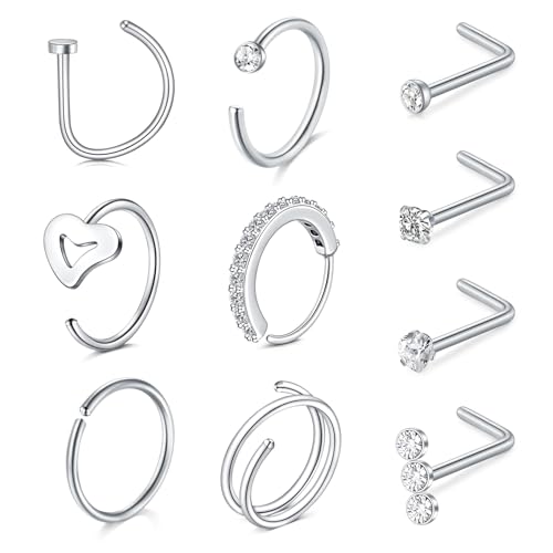 MODRSA 20g Nose Rings Hoops Nose Studs for Women Surgical Steel Hypoallergenic 20 Gauge Nostril Piercing Jewelry L Shape Crokscrew Silver Rose Gold Black Hoop Nostril Rings for Men - color: 11 - L Shape 20g - Silver
