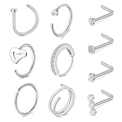 MODRSA 20g Nose Rings Hoops Nose Studs for Women Surgical Steel Hypoallergenic 20 Gauge Nostril Piercing Jewelry L Shape Crokscrew Silver Rose Gold Black Hoop Nostril Rings for Men - color: 11 - L Shape 20g - Silver