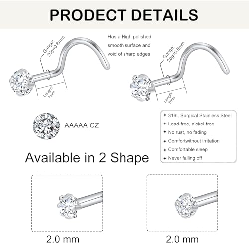20G Nose Rings Studs for Women Corkscrew Sliver Nose Studs Hypoallergenic Nose Rings 316L Stainless Steel Nose Nostril Percing Jewely for Women Men Round Square CZ Imitation Diamond 1.5mm/2.0mm/2.5mm/3.0mm - style: 20G-corkscrew-sliver-2.0mm