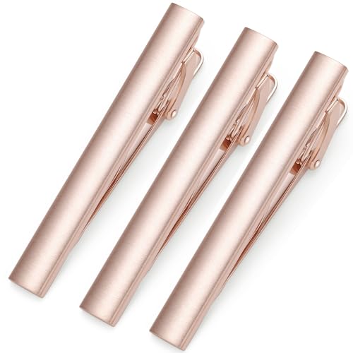 HONEY BEAR 2.12" Standard Tie Clip Bar 3-Piece Set for Men Wedding Business | Classic Minimalist, Steel-Plated Copper Base, Gift-Boxed, Thickened, Rounded Corners, Easy to Slide On, No Snag or Wrinkle - style: Rose Gold Brushed Vertical with box