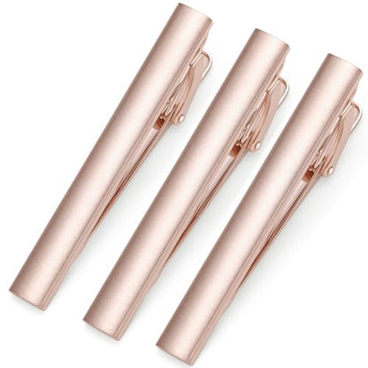 HONEY BEAR 2.12" Standard Tie Clip Bar 3-Piece Set for Men Wedding Business | Classic Minimalist, Steel-Plated Copper Base, Gift-Boxed, Thickened, Rounded Corners, Easy to Slide On, No Snag or Wrinkle - style: Rose Gold Brushed Vertical with box