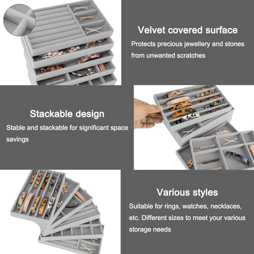 12Pcs Velvet Stackable Jewelry Trays, Jewelry Drawer Organizer, Large Removable Display Jewelry Tray, Necklace Bracelet Storage Box for Earring, Ring, Brooch, Watch (Grey) - color: 12 Pack-Grey