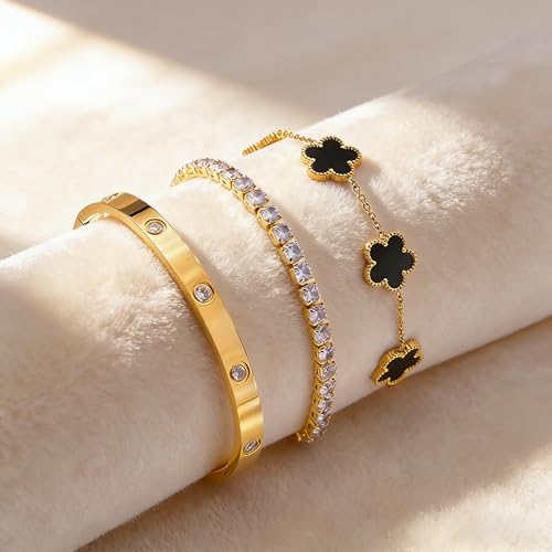 Gold Bracelet Stack,18K Gold Plated Clover Bracelet Love Gold Bangles Tennis Bracelet,3Pcs Gold Bracelets for Women Trendy Non Tarnish Gold jewelry for Women Gift - color: BLACK