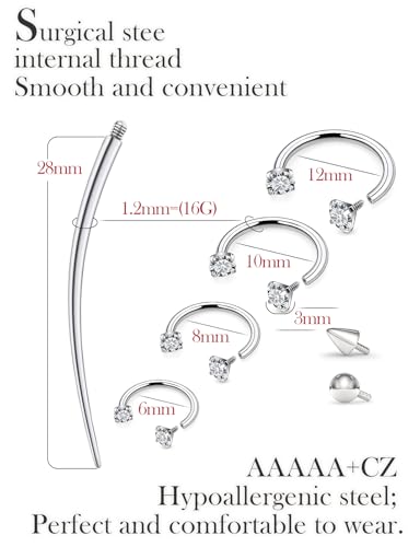 16g Septum Rings Internally Threaded Surgical Steel Septum Jewelry Lip Rings Hoop Labret Jewelry Horseshoe Earrings Daith Piercing Jewelry for Women Men 6mm 8mm 10mm 12mm Silver Gold - color: Silver 16G Horseshoe Rings