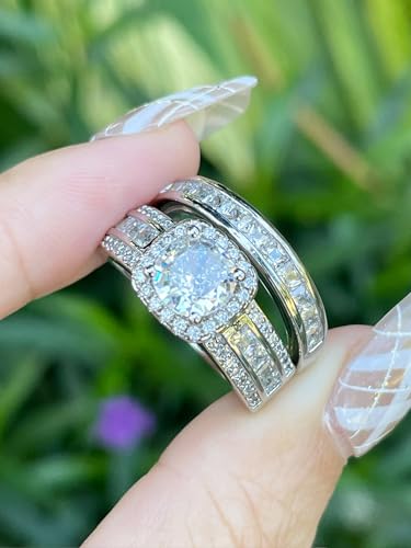 CEJUG 3Ct Princess Wedding Rings for Women Engagement Ring Set Bands 18k White Gold Plated Halo Cz Size 6-10 - color: White Silver