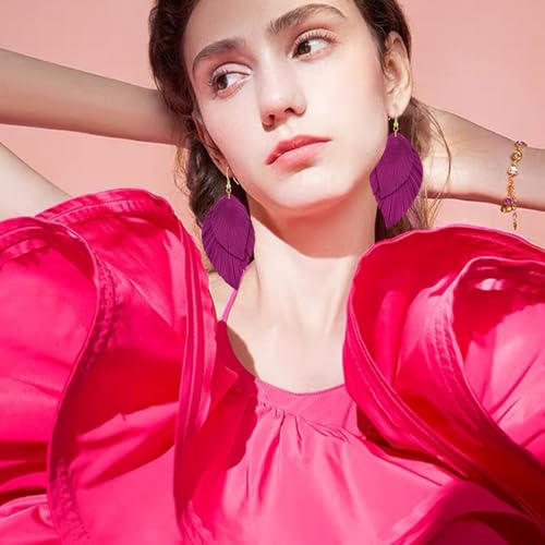 Genuine Leather Handmade Fringe Feather Lightweight Dangle Drop Earrings Teardrop Tassel Hook Earrings for Women - style: 7 Rose Red
