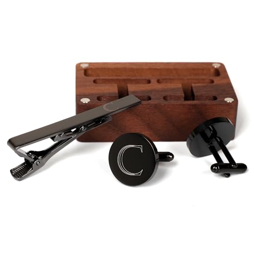 Mens Initial Cufflinks and Tie Clip A-Z Alphabet Letter Black Stainless Cuff Links Tie Bar with Engraved Walnut Wood Box Groom Groomsman Wedding Set - style: Classic-C