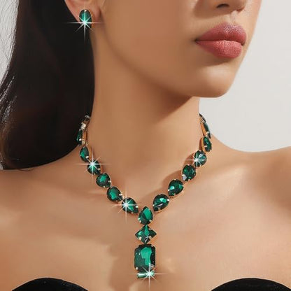 Fashion Colorful Green Silver Bridal Teardrop Crystal Necklace Earrings Set Square Necklace Pendant Crystal Wedding Jewelry for Women Exaggeration Halloween Choker Necklace Earrings Set for Women - color: Green