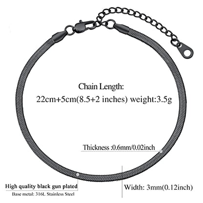 FindChic Elegant Herringbone Snake Chain Anklets/Bracelets 3MM/5MM Width Stainless Steel/18K Gold/Rose Gold Plated/Black 4 Color Options, 8.3'' 8.5'' 10.5'' Length, with Gift Box - color: A: 3mm 8.5'' anklet (Black)