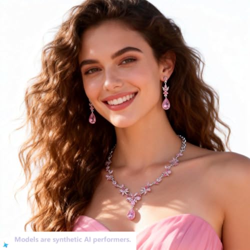 Kamirola Bridal Jewelry Set, Jewelry Set for Women, Necklace Dangle Earrings Bracelet Set, White Gold Plated (TR76) - color: Silver Pink
