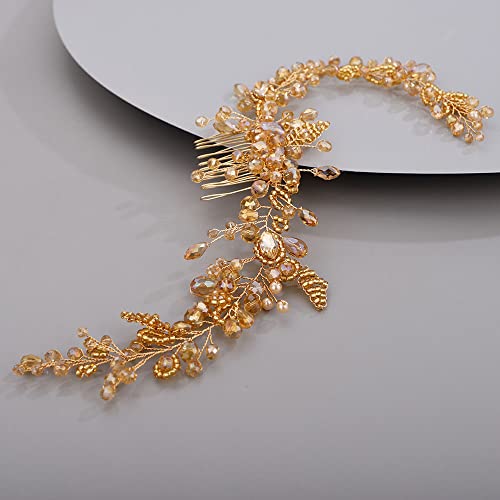 Chargances Crystal Beaded Bridal Pearl Leaf Hair Comb Rhinestone Handmade Headpiece for Wedding Prom Flower Girl (Orange) - color: Orange