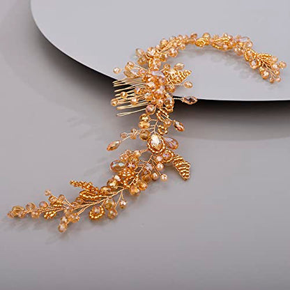 Chargances Crystal Beaded Bridal Pearl Leaf Hair Comb Rhinestone Handmade Headpiece for Wedding Prom Flower Girl (Orange) - color: Orange
