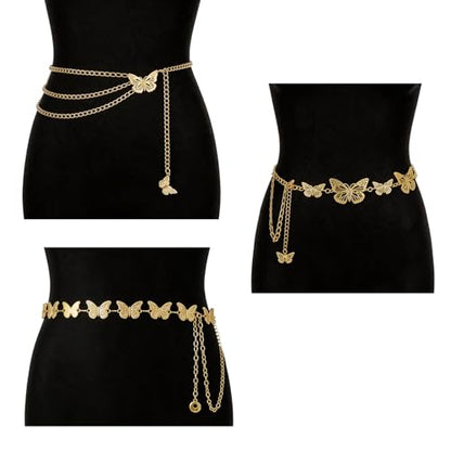 3 Pcs Gold Chain Belt for Women, Adjustable Waist Chain with Clover Butterfly Disc Pendants, Body Jewelry, Boho Belts for Women, Summer Beach Party - color: Gold-3