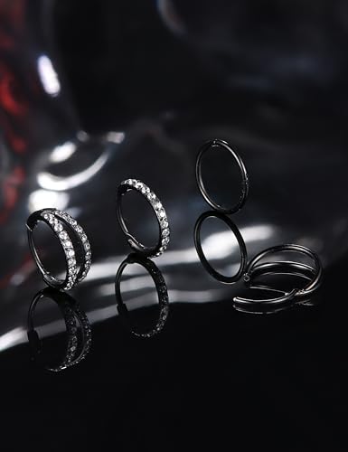 Dochais 4PCS 18G Nose Rings Hoops, Surgical Steel Earrings Tragus Septum Piercing CZ Clicker Ring, Hinged Segment Conch Lip Cartilage Double Hoops 8mm 10mm for Women Men - color: Black, size: 20G(0.8mm),8mm