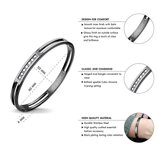 555Jewelry Womens Stainless Steel Fashion CZ Studded Cuff Bangle Bracelet - color: Black - Grooved