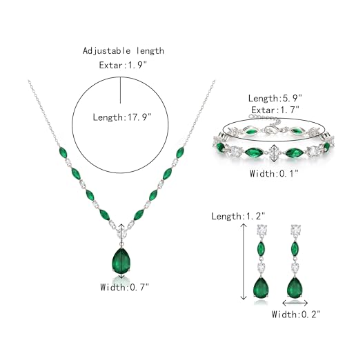 Teardrop Marquise Cubic Zirconia Wedding Prom Jewelry Set for Women Bridal | Silver/Gold/Rose Gold Plated, Pear Cut Pendant Necklace Drop Earrings Link Bracelet, for Bride Bridesmaid, for Banquet Party - style: B_Three Set, Green Silver-Tone (Teardrop)