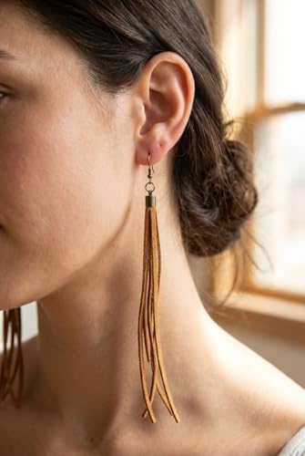 Handmade Genuine Leather Earrings for Women – Long Teardrop Boho Dangles, Lightweight Statement Fashion Jewelry - style: Springs-Tan