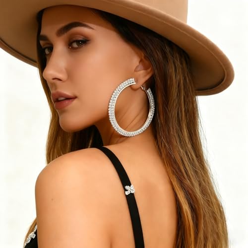 Large Silver Rhinestone Hoop Earrings Sparkly Big Hoop Earrings for Women Bling Chunky Silver Hoops 40/50/60/70mm Trendy Prom Wedding Christmas Jewelry - style: Diameter - 50mm