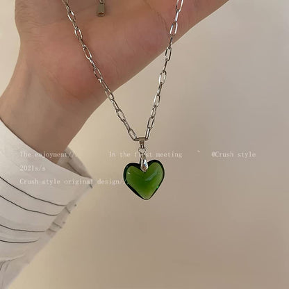 Yocoyee Dainty Colorful Glass Heart Shape Pendant Necklace Stainless Steel Link Rope Chian Love Heart Charms Pendant Necklace Y2K Trendy Jewelry Accessories for Women Jewelry - color: Green