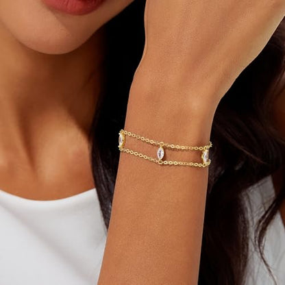 Cicy Bell Hand Chain Bracelets for Women 18K Gold Plated | Layered Stackable Dainty Ring Bracelets, Adjustable Satellite Bead Dot Link Finger Bracelets - color: Style M-Gold