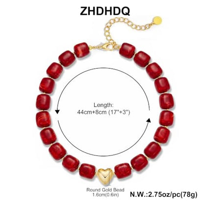 Multicolor Beaded Necklace,Chunky Cube Beaded Statement Necklace, Boho Resin Choker Necklace for Women,Lightweight & Cool, Suitable for Beach, Vacation, Daily Wear & Summer Parties - color: Red-Heart